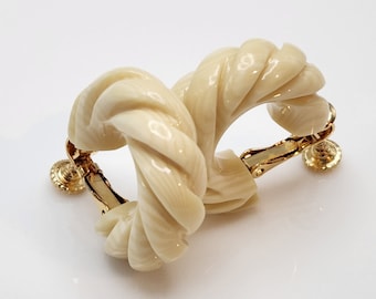 VINTAGE | Lucite Shrimp / Twist-Style Hoop Earrings in a Cream Color by Les Bernard