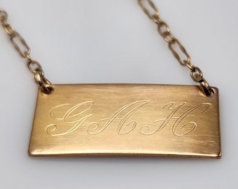 GAH!! VINTAGE | Nameplate Necklace Engraved with Cursive Letters G A H in Sterling Silver with 14K Gold Plate Finish and Figaro Chain
