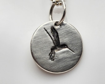 HAND-ETCHED | Hummingbird Necklace in Sterling Silver — Intaglio-Style Anna's Hummingbird on Silver Disc