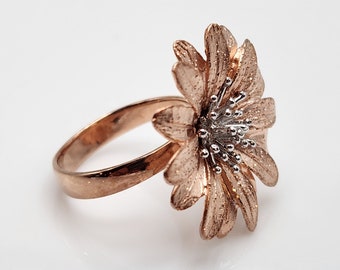 Silver Maximalist Flower Statement Ring. Solid Sterling Silver with Rose Gold Plating — Size 7.25