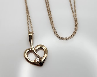 VINTAGE | 14K Solid Gold Heart Pendant Necklace with Diamond Accent, Real Fine Jewelry 10K Yellow Gold Rope Chain, Ribbon Heart Gift
