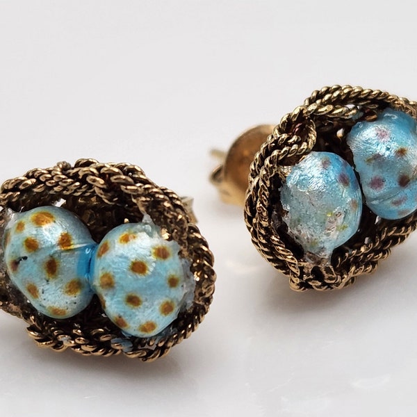 Earrings — Vintage Robin Egg Blue Sterling Silver Birds' Nest Enamel Egg Earrings with 14KT Gold Electroplating