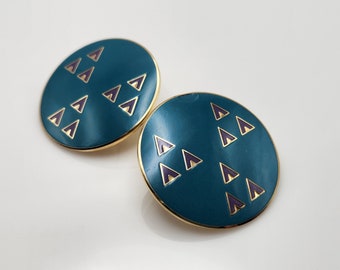 VINTAGE | '80s Teal Blue and Purple Geometric Round Enamel Statement Earrings with Triangle Pattern By Laurel Burch in "Himalaya" Design