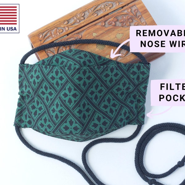 3D Face Mask - Cup / Boat Shaped - Drawstring Tie - Removable Nose Wire - Washable - Filter Pocket - Anti Fog - Green Leaf