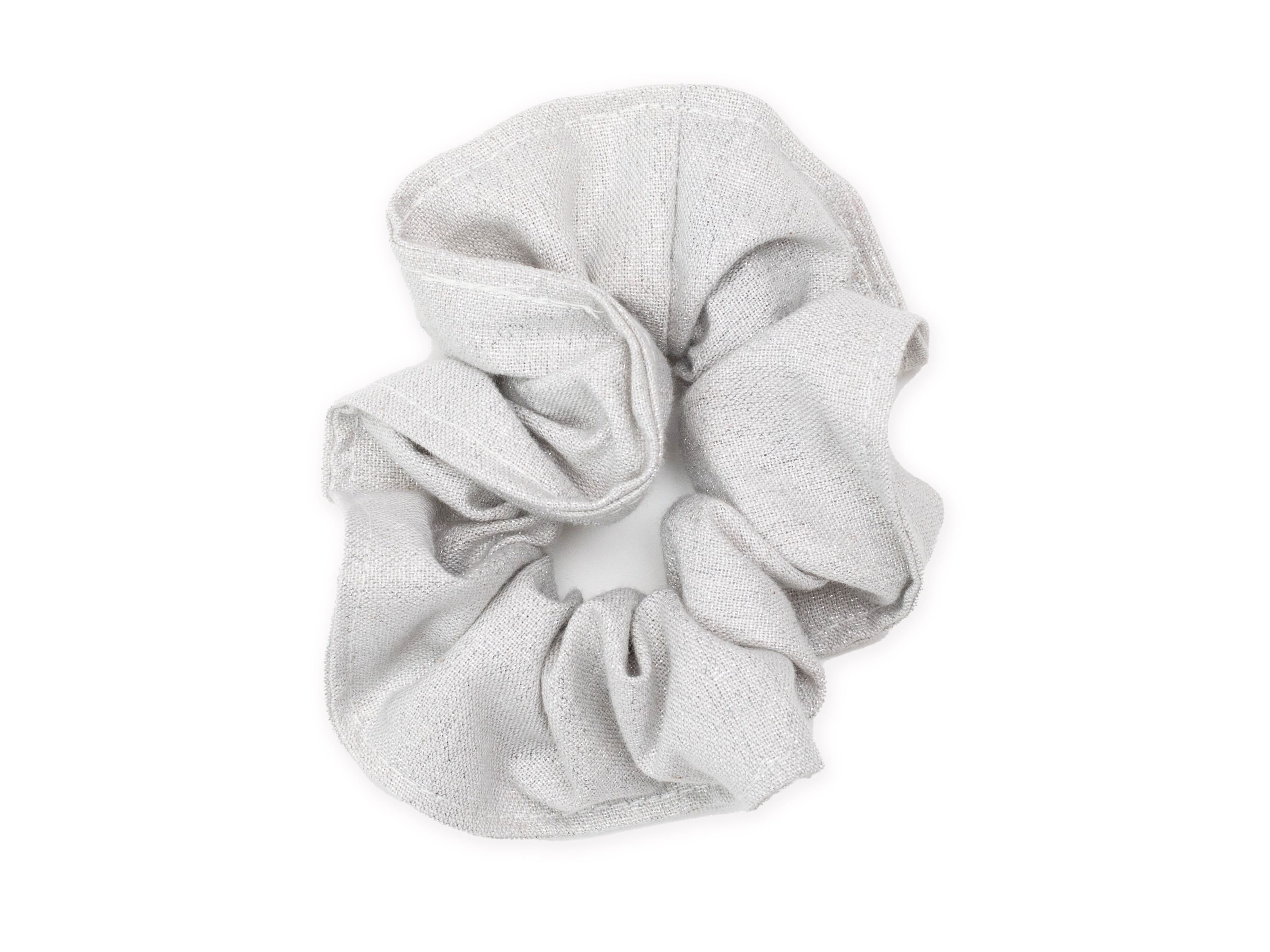 日本に Metallic in Scrunchie Hair Silver Linen, Cotton Handmade ヘアアクセサリー