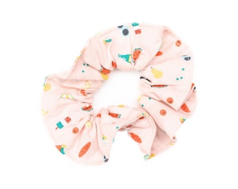 Pink Hair Scrunchie with Cute Summer Fruit Print, Handmade Long Hair Elastic