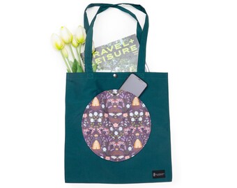 Green Bee Travel Tote Bag with Pocket and Long Handles, Aesthetic Bug Tote for Women, Cute Water Repellent Bag Handmade in NYC