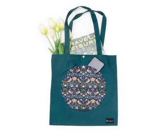 Green Bird Travel Tote Bag with Pocket and Long Handles, William Morris Tote, Water Repellent Market Bag, Bird Lover Gift