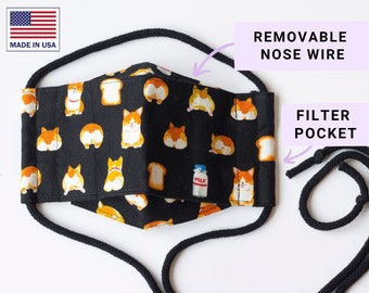 3D Face Mask - Cup / Boat Shaped - Origami Over The Head Mask - Adjustable Tie Straps - Filter Pocket - Nose Wire - Corgi Dogs