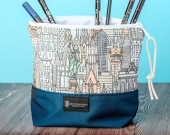 Large Zipper Pouch with NYC Landmarks Fabric in Blue, Travel Accessory Bag, New York Building Architecture, Statue of Liberty Souvenir