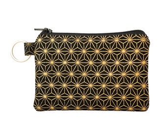 Zipper Card Pouch with Key Ring in Black and  Gold Star Fabric, Fabric Coin Bag, Tiny Zip Wallet, Waterproof Lining, Travel Gift for Women