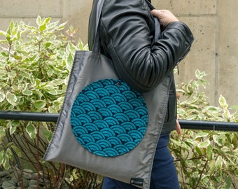 Gray Travel Tote Bag with Pocket and Linen Blue and Black Waves, Water Repellent Market Bag, Washable Stylish Tote Handmade in NYC