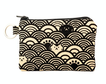 Tarjetero con cremallera y llavero en tela de bonito gato blanco y negro con olas, Minitarjetero con cremallera, Monedero de tela, Regalo para amantes de los gatitos