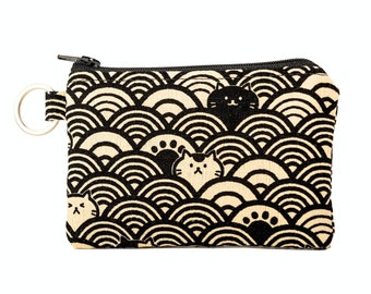 Zipper Card Pouch with Key Ring in Cute Black and White Cat in Waves Fabric, Mini Zip Card Case, Fabric Coin Bag, Gift for Kitty Lovers