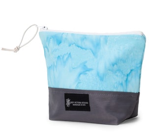 Small Zipper Pouch with Blue Tie Dye Fabric in Gray, Cosmetic Bag or Soft Pencil Pouch with Waterproof Lining, Great Stocking Stuffer