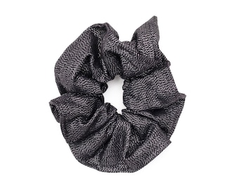 Black Hair Scrunchie in Metallic Linen, Handmade Hair Accessory for Women