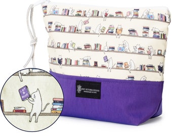 Large Zipper Pouch with Cute Cat and Library Book Fabric in Purple, Travel Accessory or Essential Bag, Book Lover Gift for Teachers