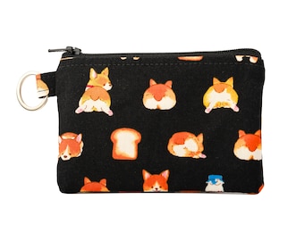 Zipper Card Pouch with Key Ring in Cute Corgi Dog Butt Fabric, Mini Zip Card Case, Fabric Coin Bag, Waterproof Lining, Gift for Pet Lovers