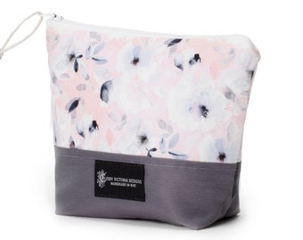 Small Zipper Pouch with Pink Flower Fabric in Gray, Accessory Travel Bag Small Makeup Bag or Girls Pencil Case with Waterproof Lining