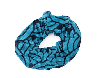 Blue Hair Scrunchie with Wave Print, Handmade Cotton Hair Tie, Japanese Linen Hair Accessories