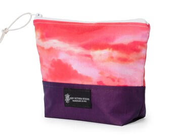 Small Zipper Pouch with Hot Pink Sunset Fabric in Purple, Tie Dye Cosmetic Bag or Soft Travel Pouch, Stocking Stuffer Gift for Women