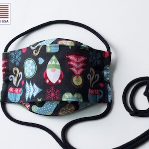 Christmas 3D Face Mask - Cup / Boat Shaped - Made in USA - Removable Nose Wire - Filter Pocket - Black Cute Gnome Holiday Tree