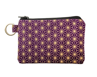 Zipper Card Pouch with Key Ring in Purple and Gold Star Fabric, Small Zip Coin Purse, Mini Zip Card Case, Tiny Zip Wallet, Waterproof Lining