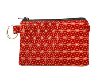 Zipper Card Pouch with Key Ring in Red and Gold Star Fabric, Small Zip Coin Purse, Mini Zip Card Case, Waterproof Lining