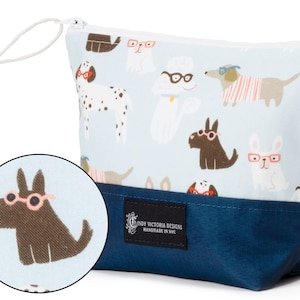 Small Zipper Pouch with Nerdy Cute Dog Fabric in Blue, Makeup Toiletry Bag with Waterproof Lining, Travel Pouch, Dog Lover Gift