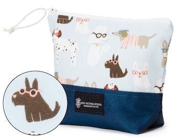 Small Zipper Pouch with Nerdy Cute Dog Fabric in Blue, Makeup Toiletry Bag with Waterproof Lining, Travel Pouch, Dog Lover Gift