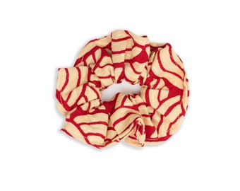 Red Hair Scrunchie with Wave Print, Handmade Japanese Cotton Linen Hair Tie for Women