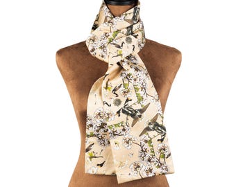 Central Park Cherry Blossom Silk Cotton Scarf, Long Length with Medium Width, Peach Beige Color, Handmade in NYC