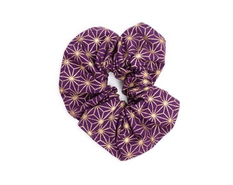 Purple Hair Scrunchie with Metallic Gold Print, Handmade Japanese Cotton Fabric Hair Accessory for Women