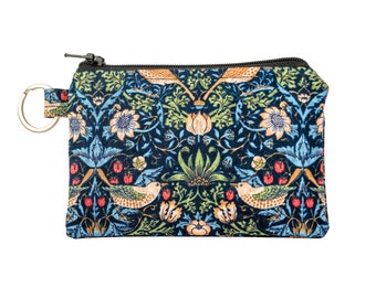 Ritskaartzakje met sleutelhanger in blauwe William Morris Strawberry Thief-stof, stoffen muntzakje, kleine portemonnee met rits, koptelefoonzakje