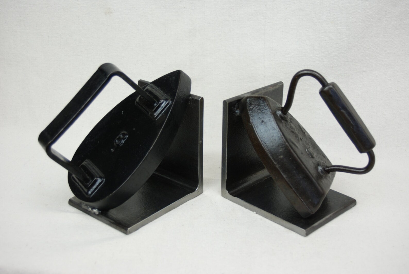 Vintage Cast Iron Iron Bookends, Welded to Steel Base, Industrial Style