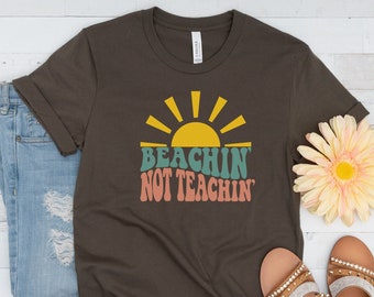 T-shirt tropical pour professeur, vacances d'été, plage sans enseignement, cadeau drôle pour professeur, parfait pour des vacances à la plage, chemise rétro coucher de soleil pour professeur