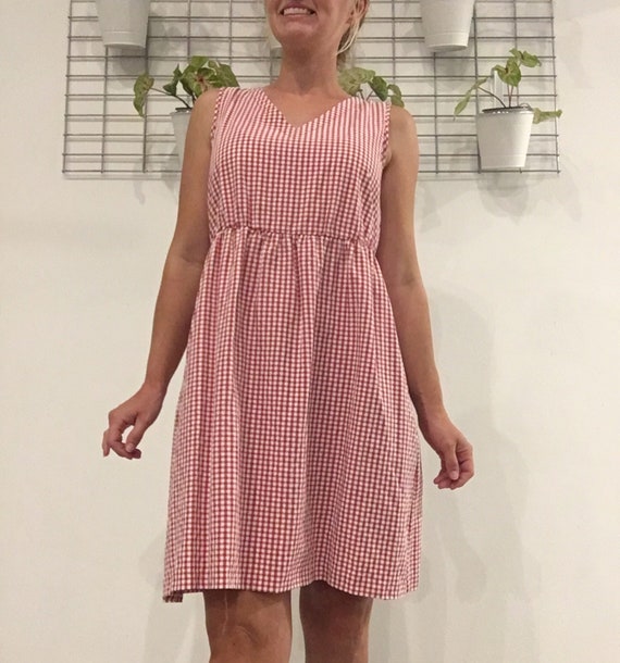 red and white plaid dress