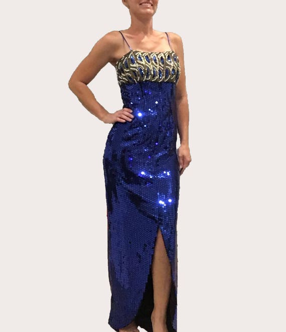 blue and gold sequin dress