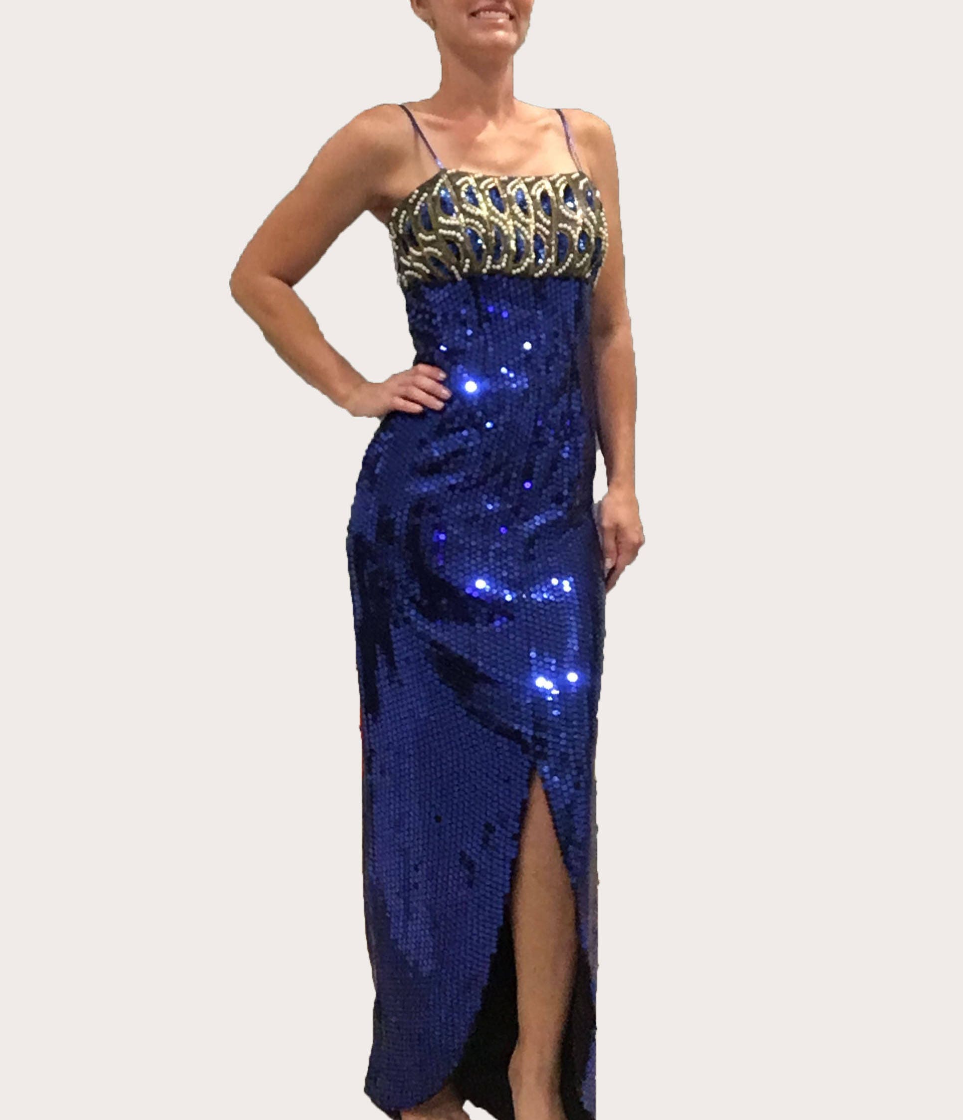Blue Sequin Long Maxi Dress/formal Sequin and Gold Beaded - Etsy