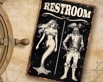 Letrero de baño con sirena y pirata. Estilo náutico para casa de playa. Estética costera. Baño divertido con temática marina. Uso interior y exterior.
