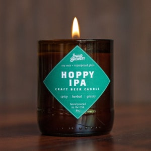 Hoppy IPA Brew Candle - Hand Poured in USA (Soy Wax) - Great Gift For Beer Lovers (made from recycled beer bottles)