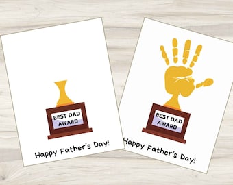 May include: Two printable cards with a gold trophy and the text "Best Dad Award" and "Happy Father's Day!" One card features a handprint on the trophy.