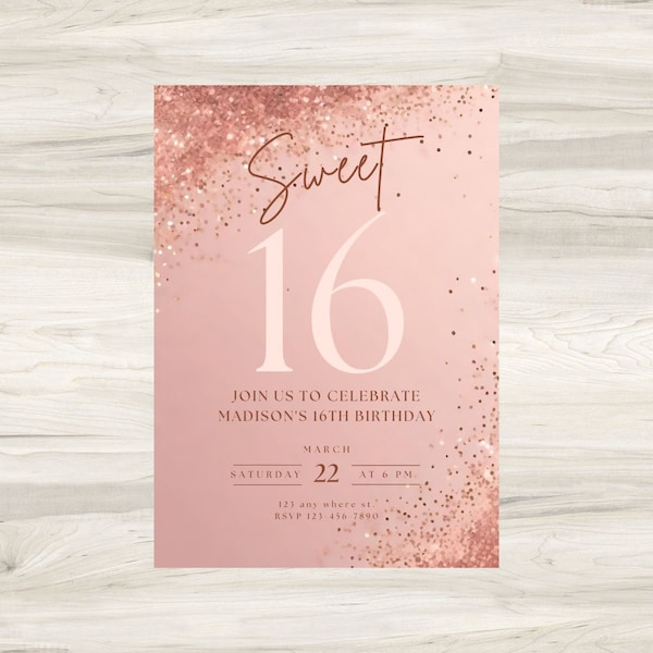 Sweet 16 Birthday Party Invitation Template, editable 16th invite Blush Pink and Gold Confetti Dinner Invites Instant Download