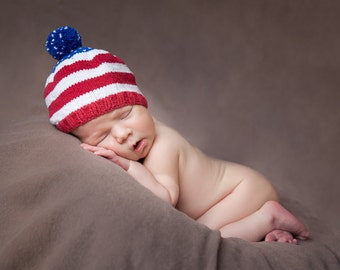 July 4th Baby Hat, Knitted Flag Hat, Knit Baby Patriotic Hat, Fourth of July Baby Hat, Red White Blue Hat, Newborn Baby Hat, memorial day,