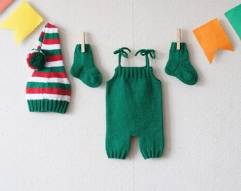 Süßes gestricktes grünes Wichtel Baby Set Mütze, Hose und Socken. Hut Fotorequisite. Windel Set. Neugeborenen Buck Set