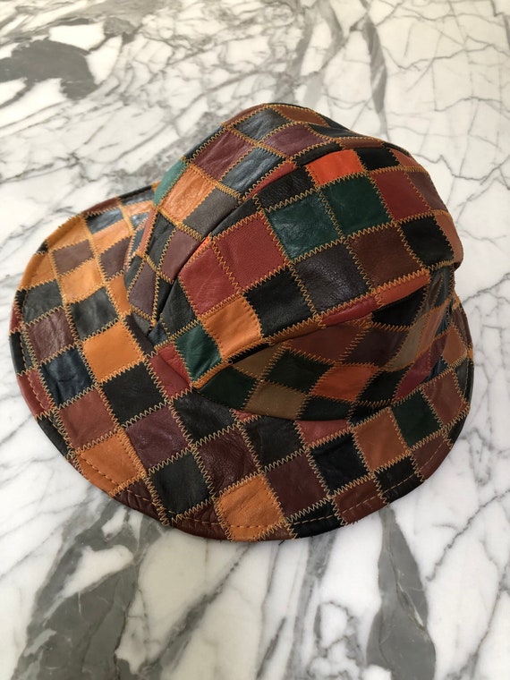 Rare leather patchwork bucket hat 70s style hippie