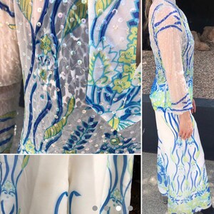 Vintage palazzo pants sets Floral pattern semi sheer w sequins wide bellbottoms 70s image 2