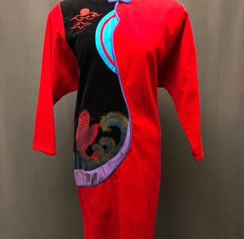 Vintage corduroy 80s printed dress Koi fish