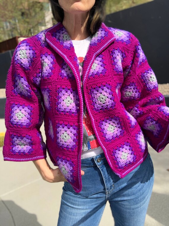 Vintage granny square cardigan handmade knit sweat