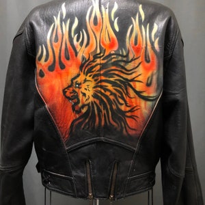 RaRe LA ROXX Hand painted Lion Fire leather coat  80s 90s bomber style rocker jacket